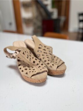 Franco Sarto Beige Cutout Slingback Cork Wedges